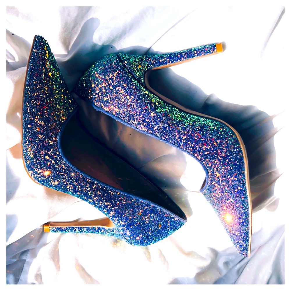 Iridescent holographic glitter pumps lavender blue green gold